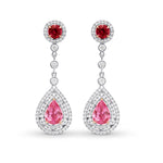 Ruby & Pink Sapphire Drop Halo Earrings