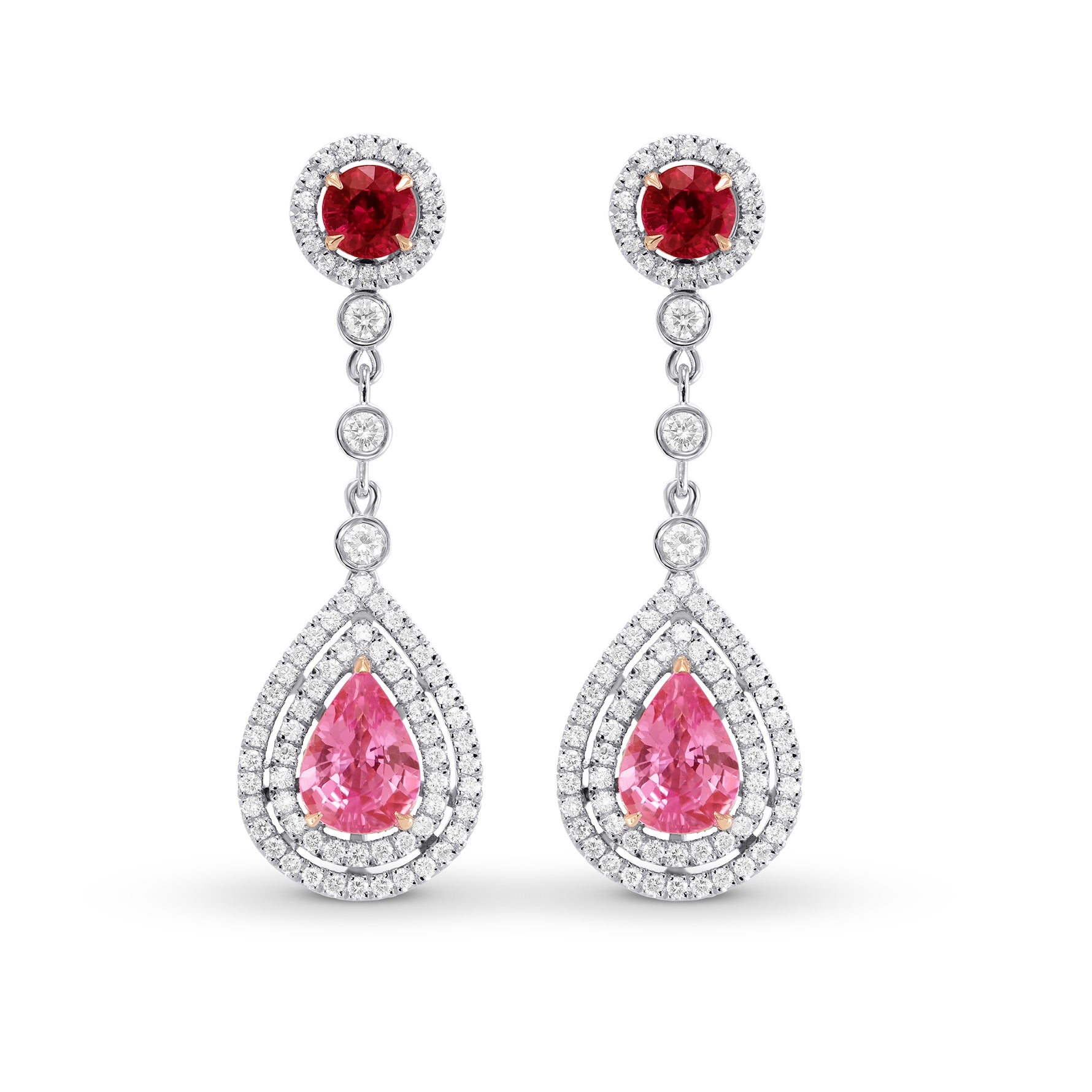Ruby & Pink Sapphire Drop Halo Earrings