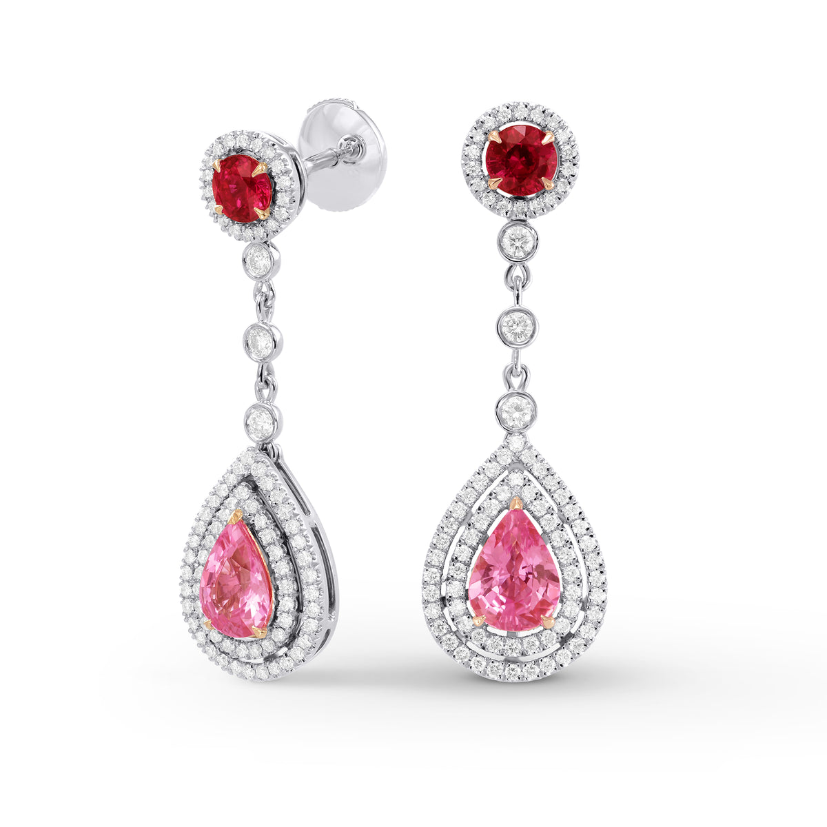 Ruby & Pink Sapphire Drop Halo Earrings