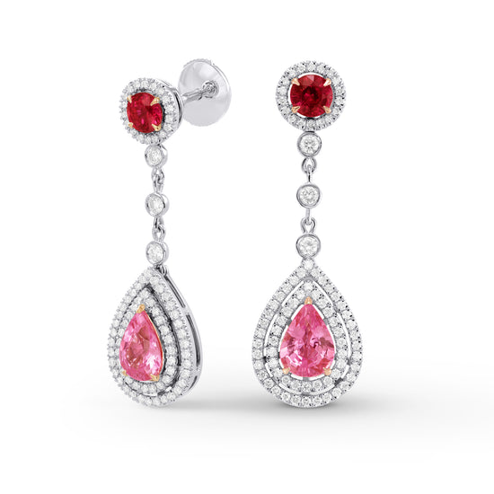 Ruby & Pink Sapphire Drop Halo Earrings