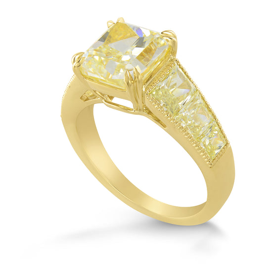 Fancy Light Yellow Trapezoid Side-stone Ring