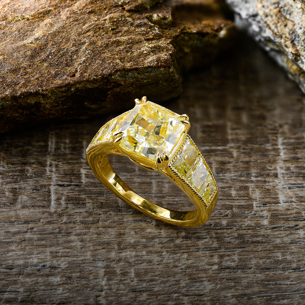 Fancy Light Yellow Trapezoid Side-stone Ring