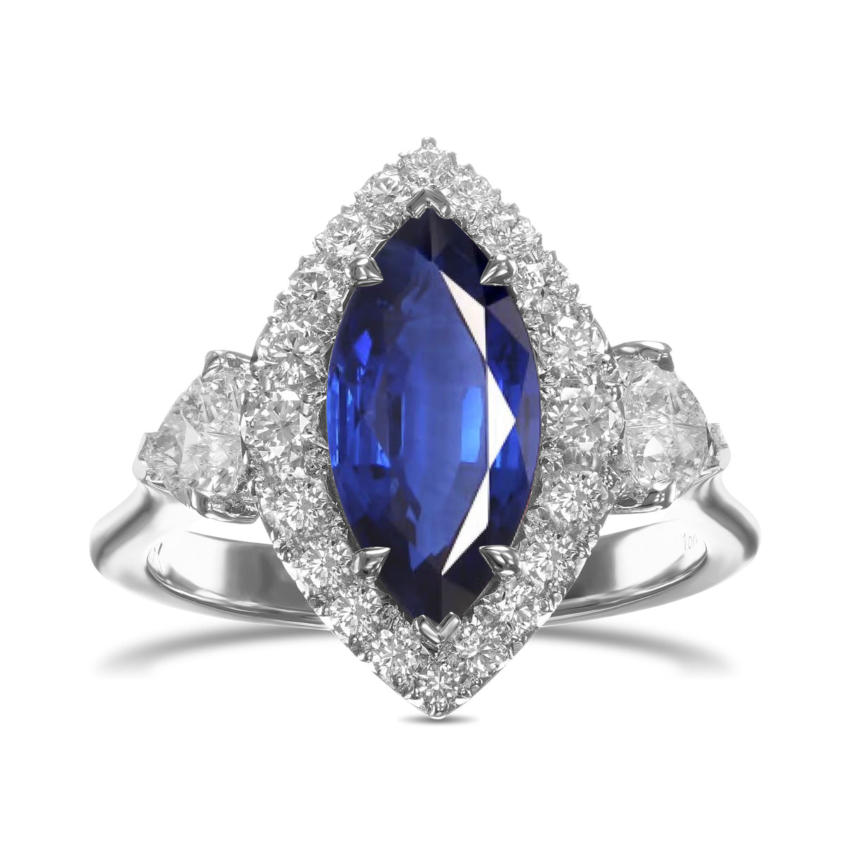 Marquise Sapphire & Heart Diamond Three-Stone Halo Ring