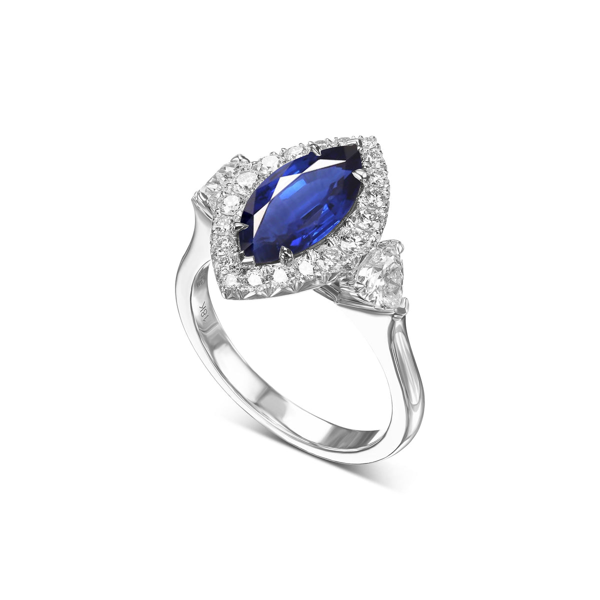 Marquise Sapphire & Heart Diamond Three-Stone Halo Ring - 3