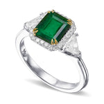 Colombia Emerald & Triangle Diamond Three-stone Halo Ring - 3