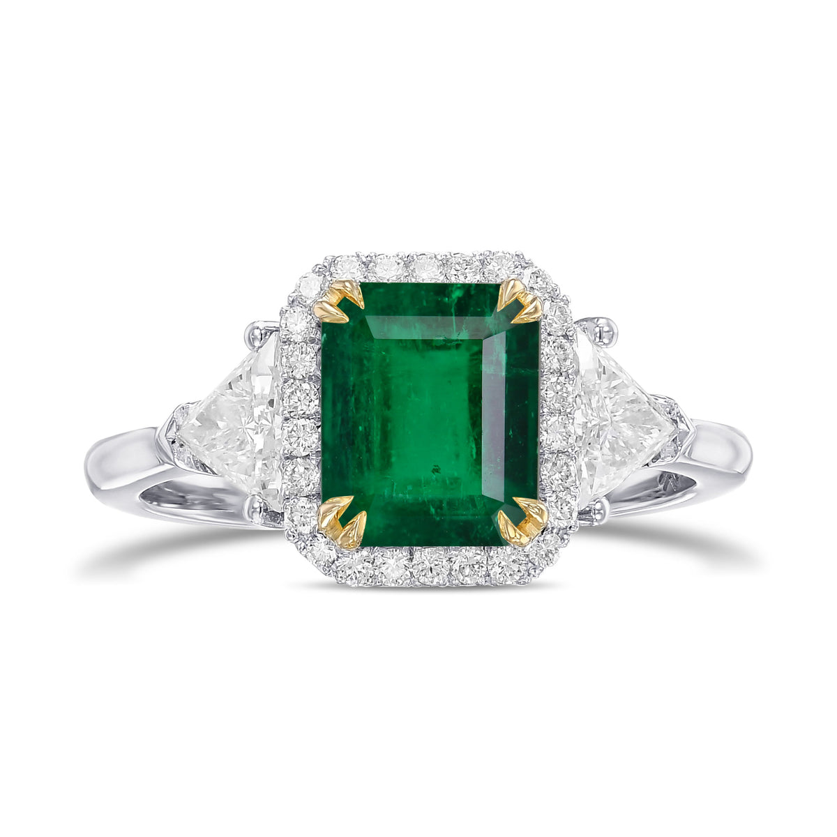 Colombia Emerald & Triangle Diamond Three-stone Halo Ring
