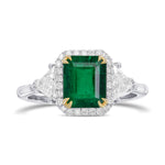 Colombia Emerald & Triangle Diamond Three-stone Halo Ring