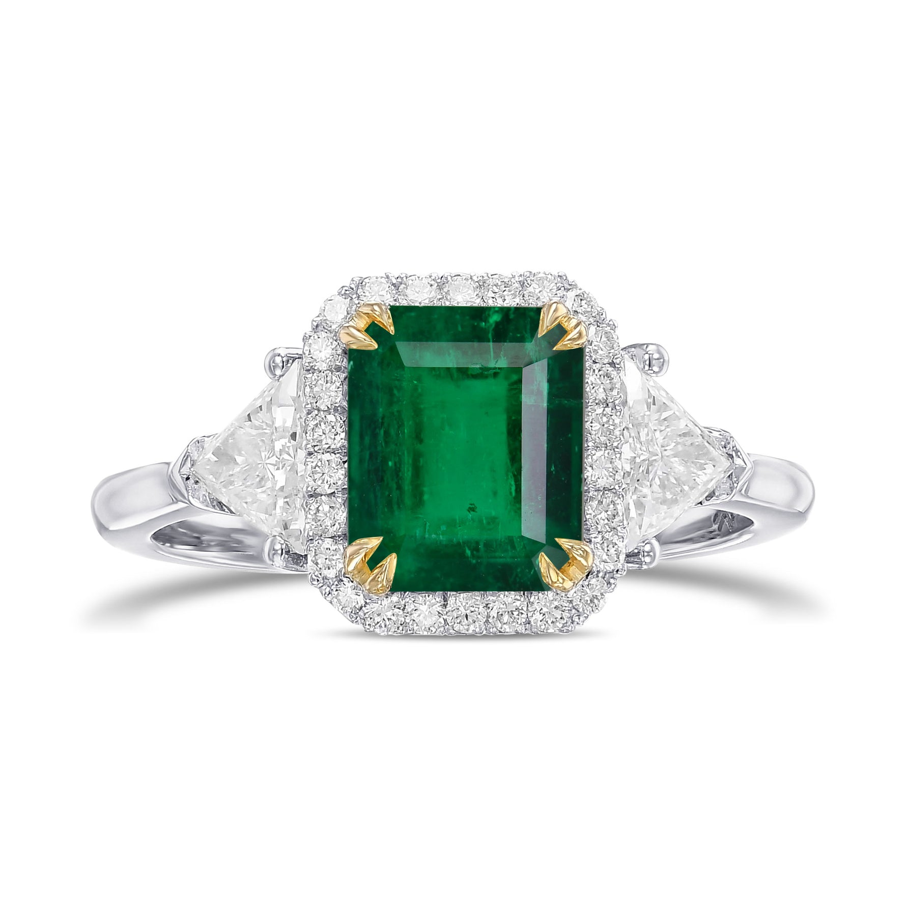 Colombia Emerald & Triangle Diamond Three-stone Halo Ring