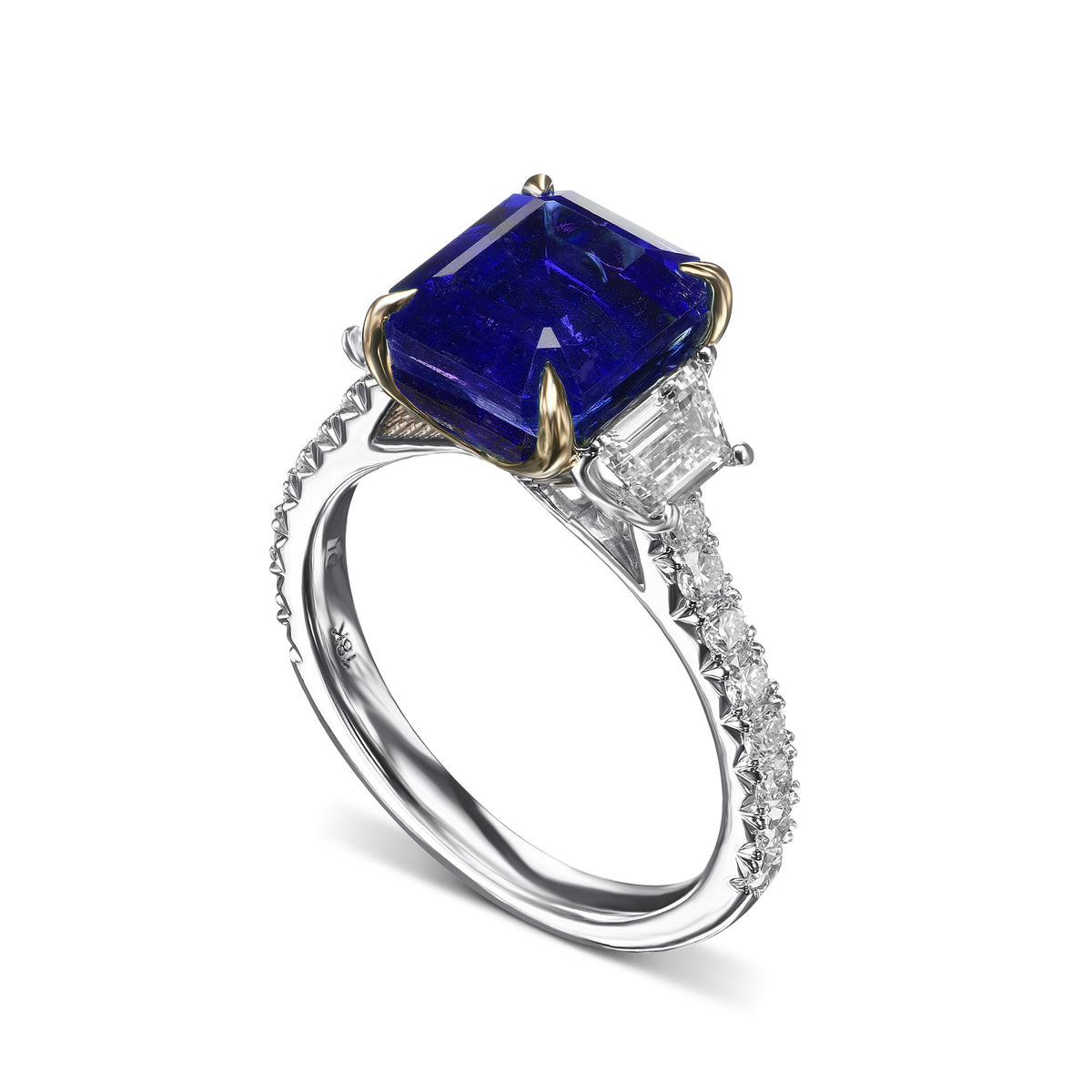 Emerald-shape Sapphire & Trapezoid Diamond Three-stone Ring - 3