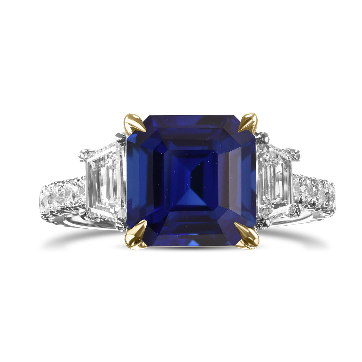 Emerald-shape Sapphire & Trapezoid Diamond Three-stone Ring