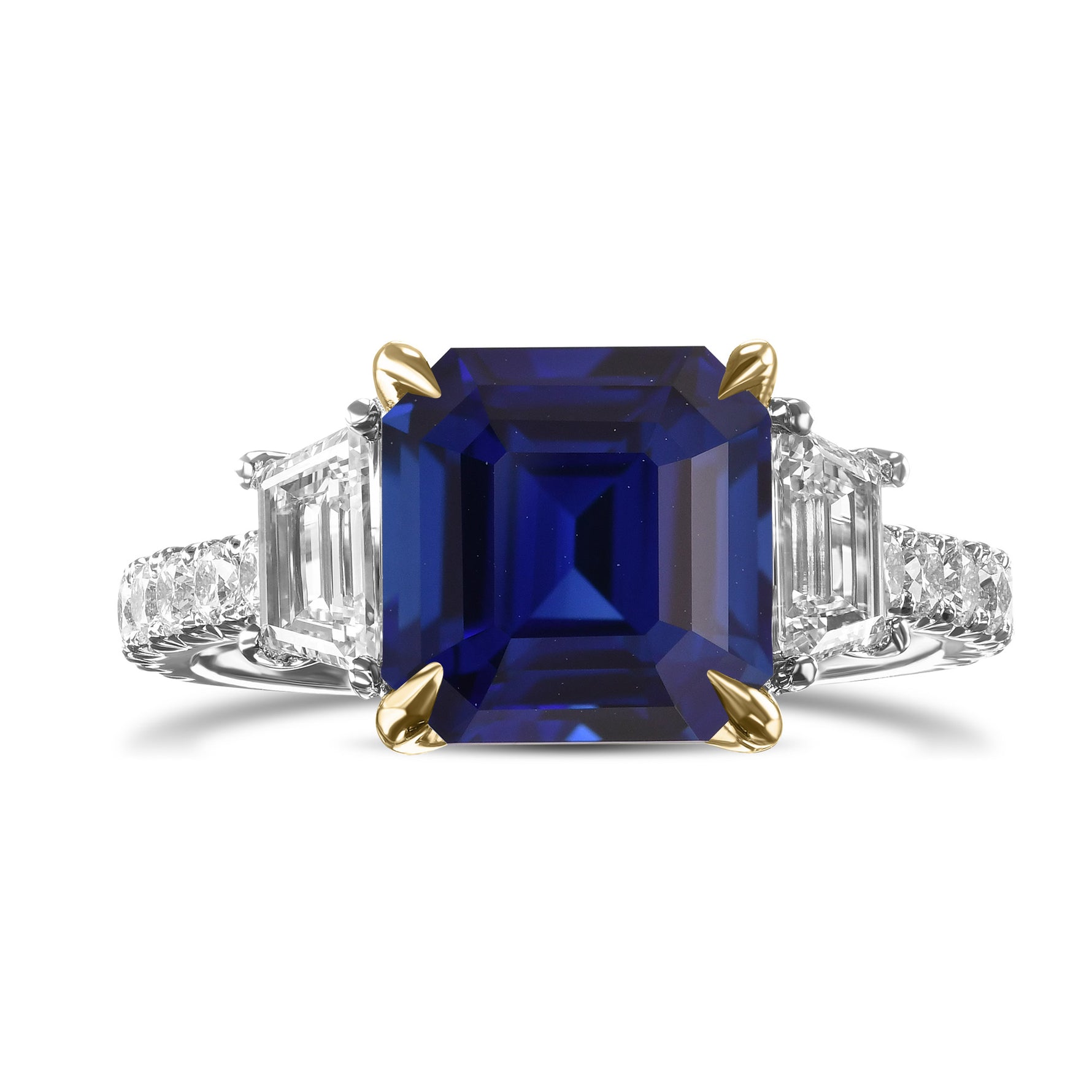 Emerald-shape Sapphire & Trapezoid Diamond Three-stone Ring