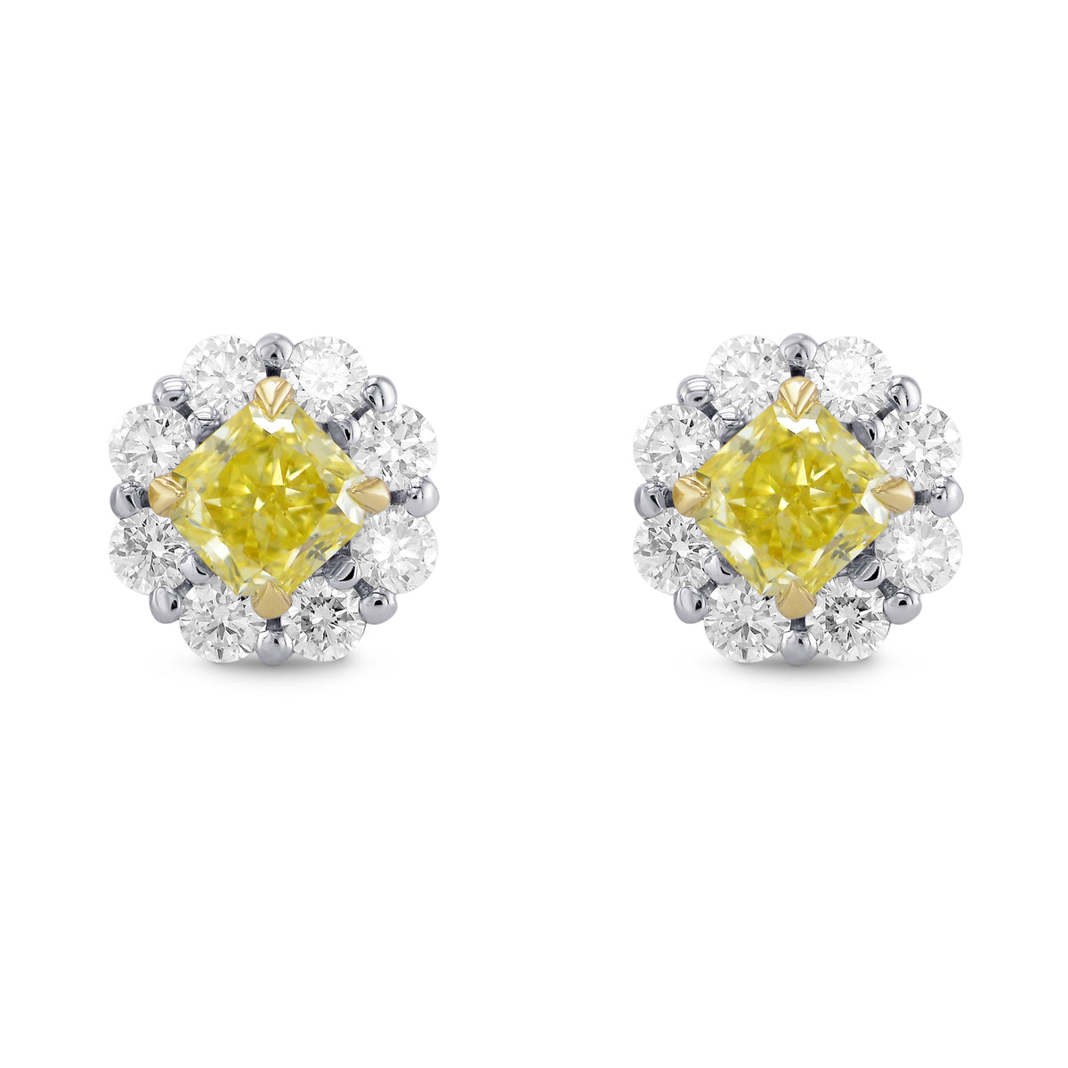 Fancy Yellow Radiant Diamond Basket Halo Earrings 