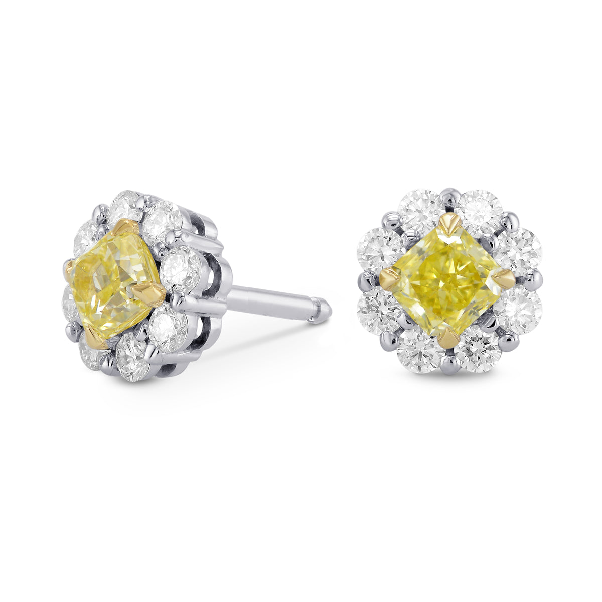 Fancy Yellow Radiant Diamond Basket Halo Earrings 
