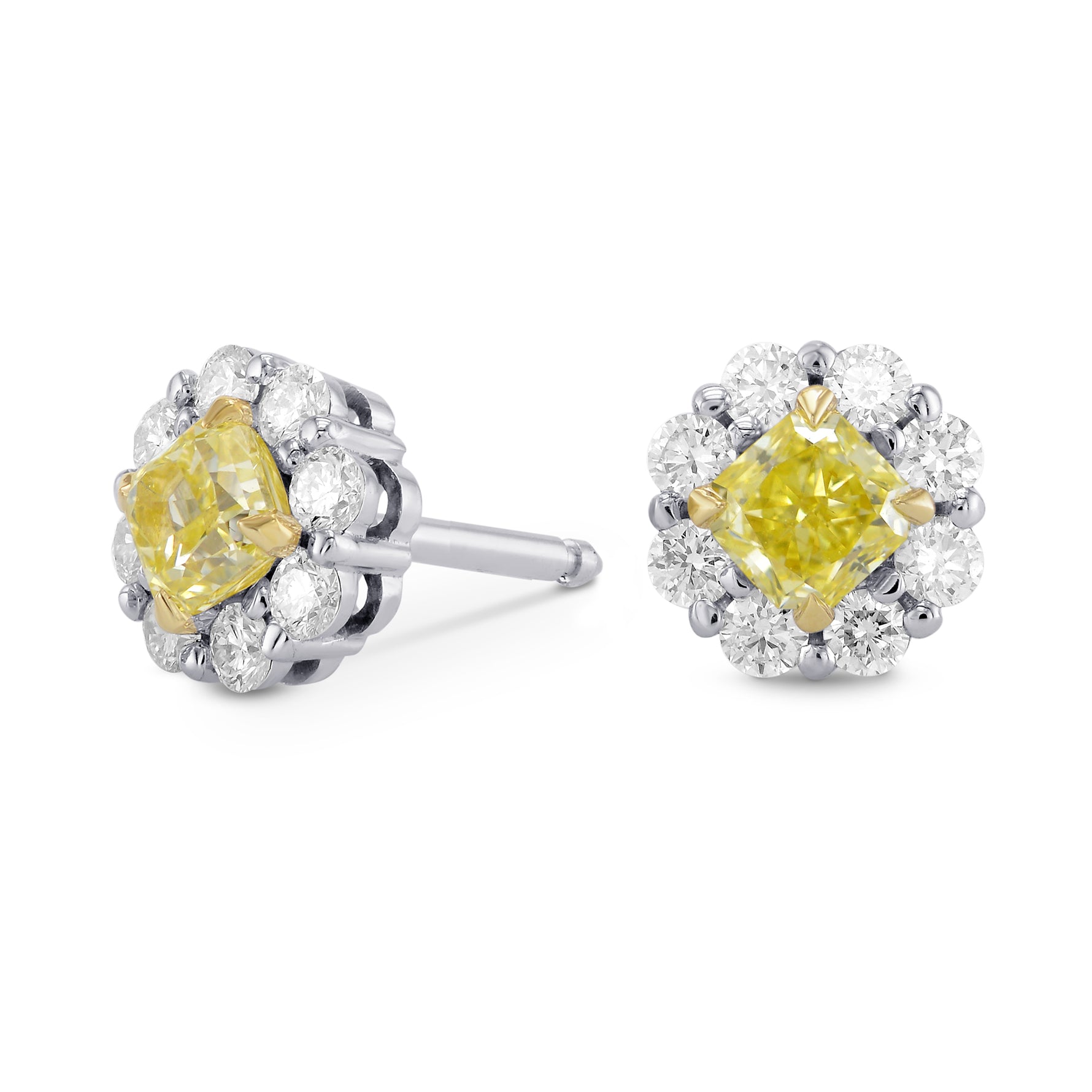 Fancy Yellow Radiant Diamond Basket Halo Earrings 