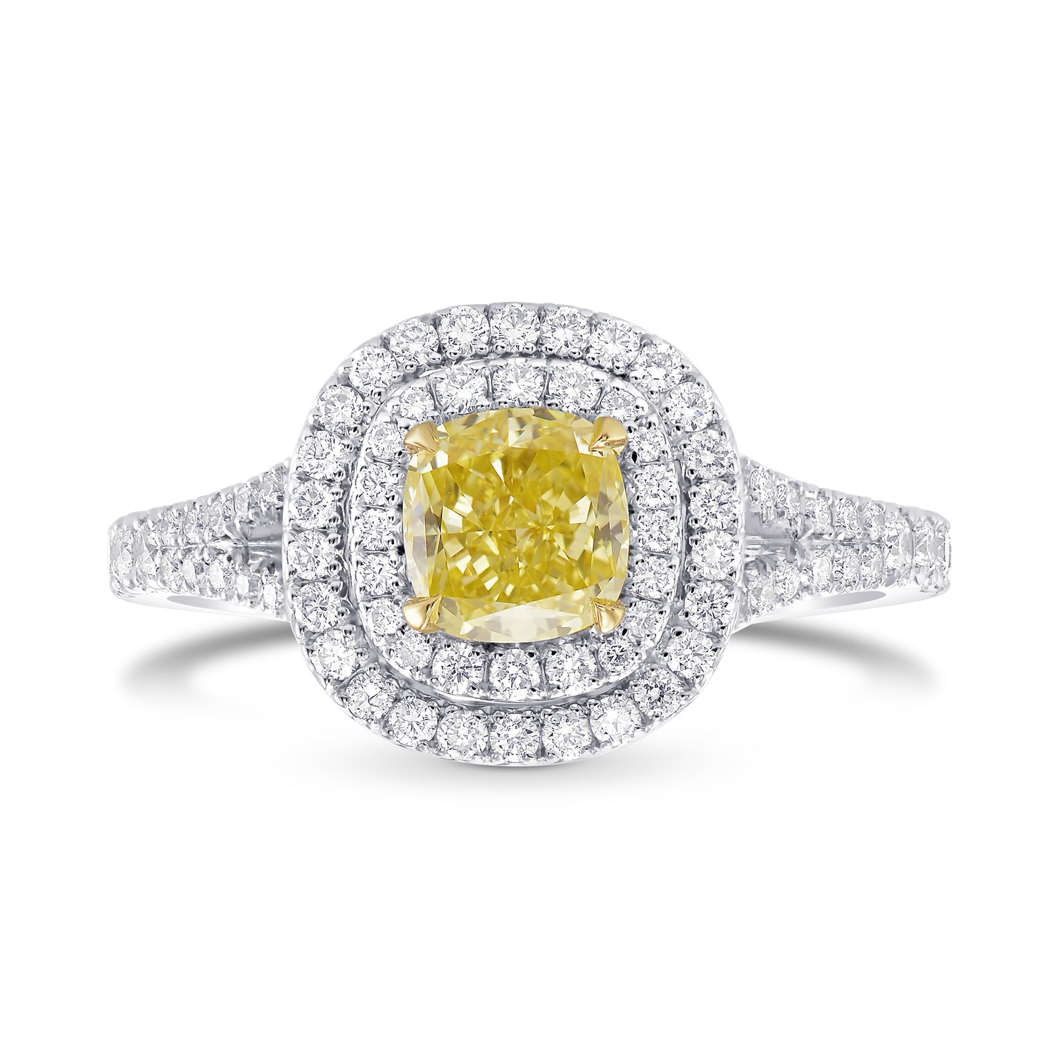 Fancy Intense Yellow Cushion Double Halo Diamond Ring