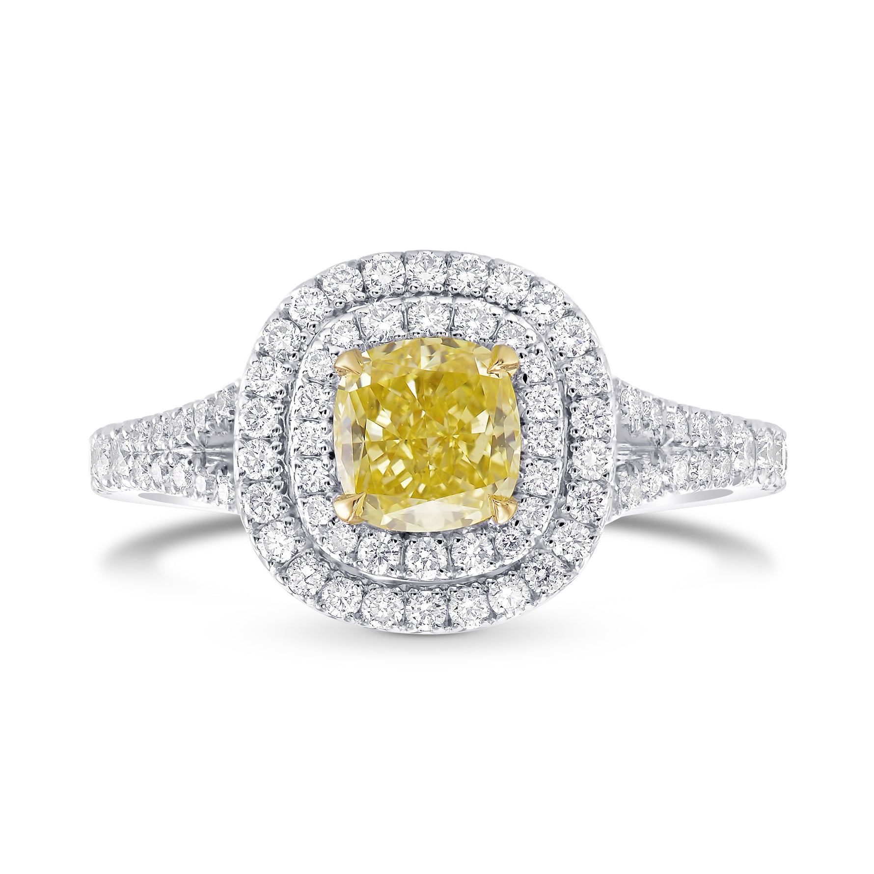 Fancy Intense Yellow Cushion Double Halo Diamond Ring