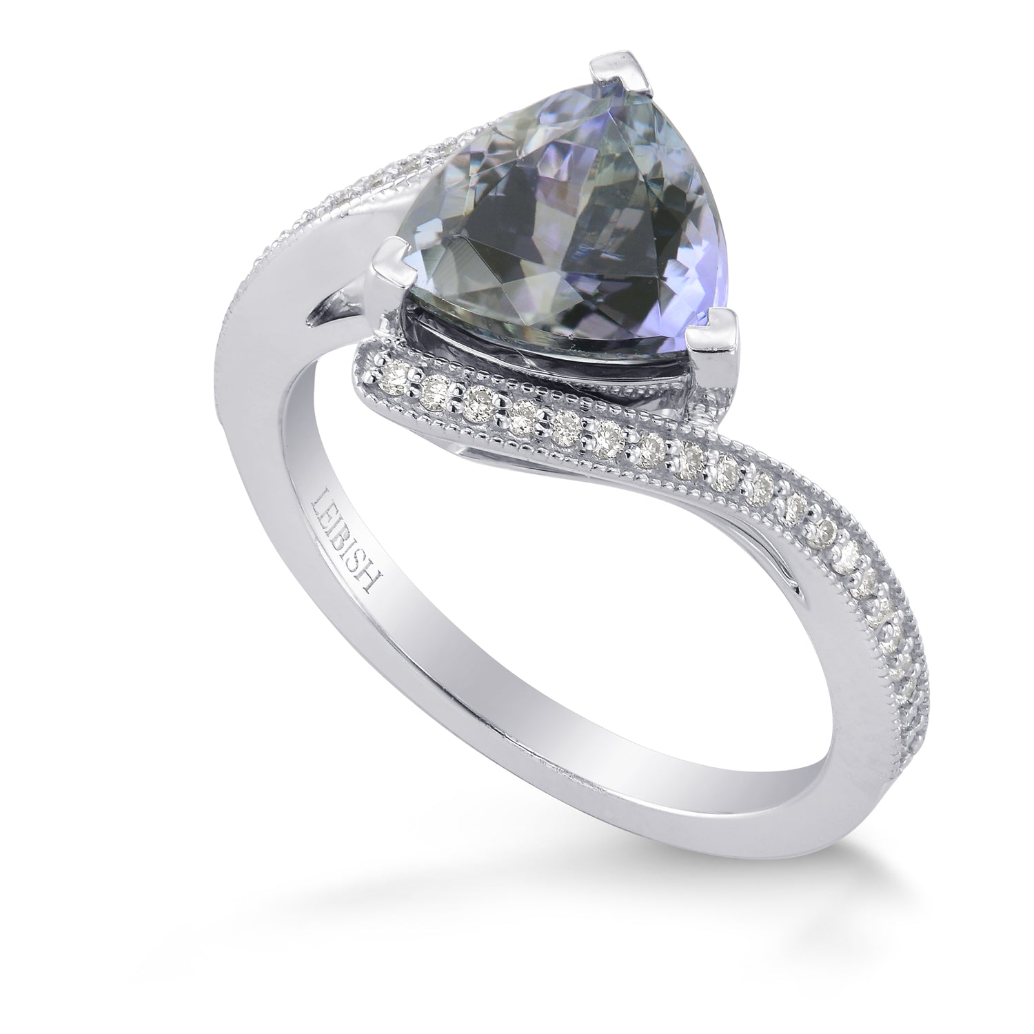 Blue Trilliant Tanzanite & Diamond Cross Over Ring