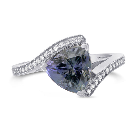 Blue Trilliant Tanzanite & Diamond Cross Over Ring
