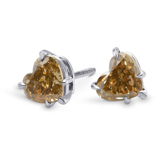 Fancy Yellowish Brown Heart Stud Earrings