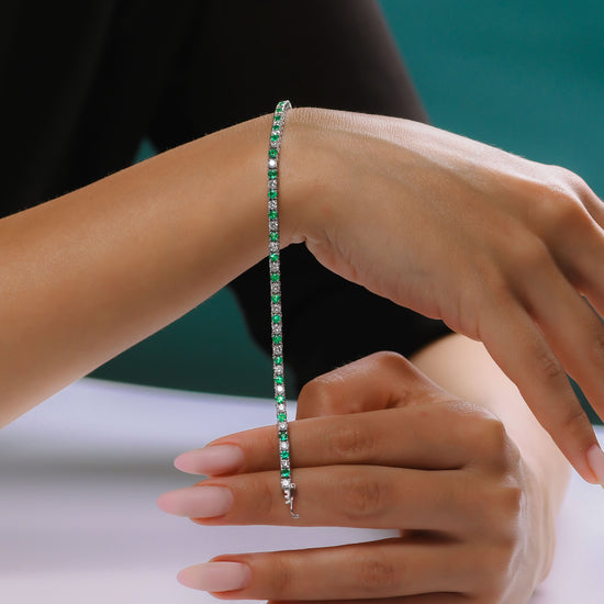 Green Emeralds and Diamonds Tennis Bracelet - 4