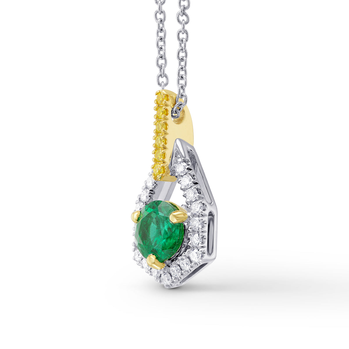 Round Green Emerald, Yellow and White Diamond Pendant