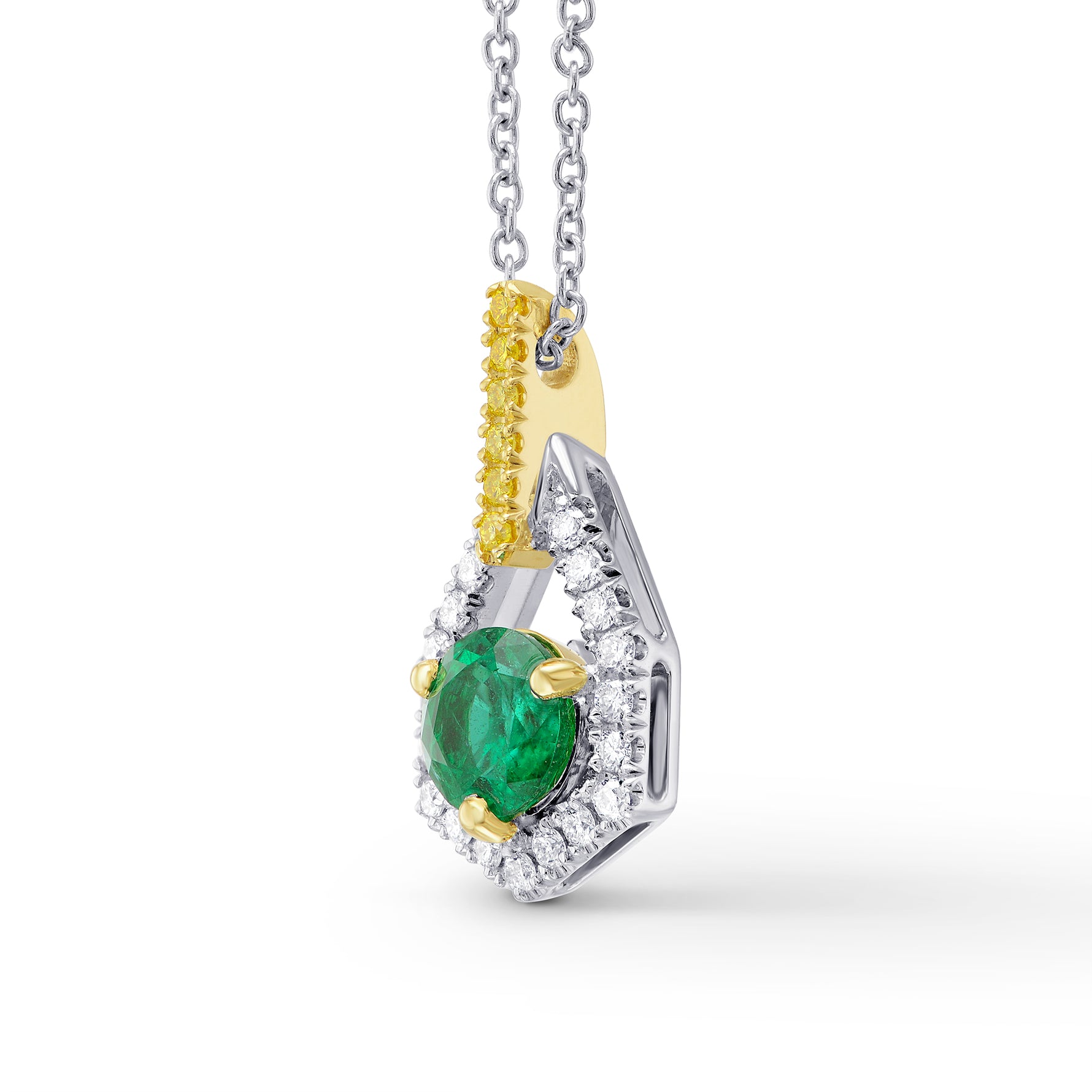 Round Green Emerald, Yellow and White Diamond Pendant