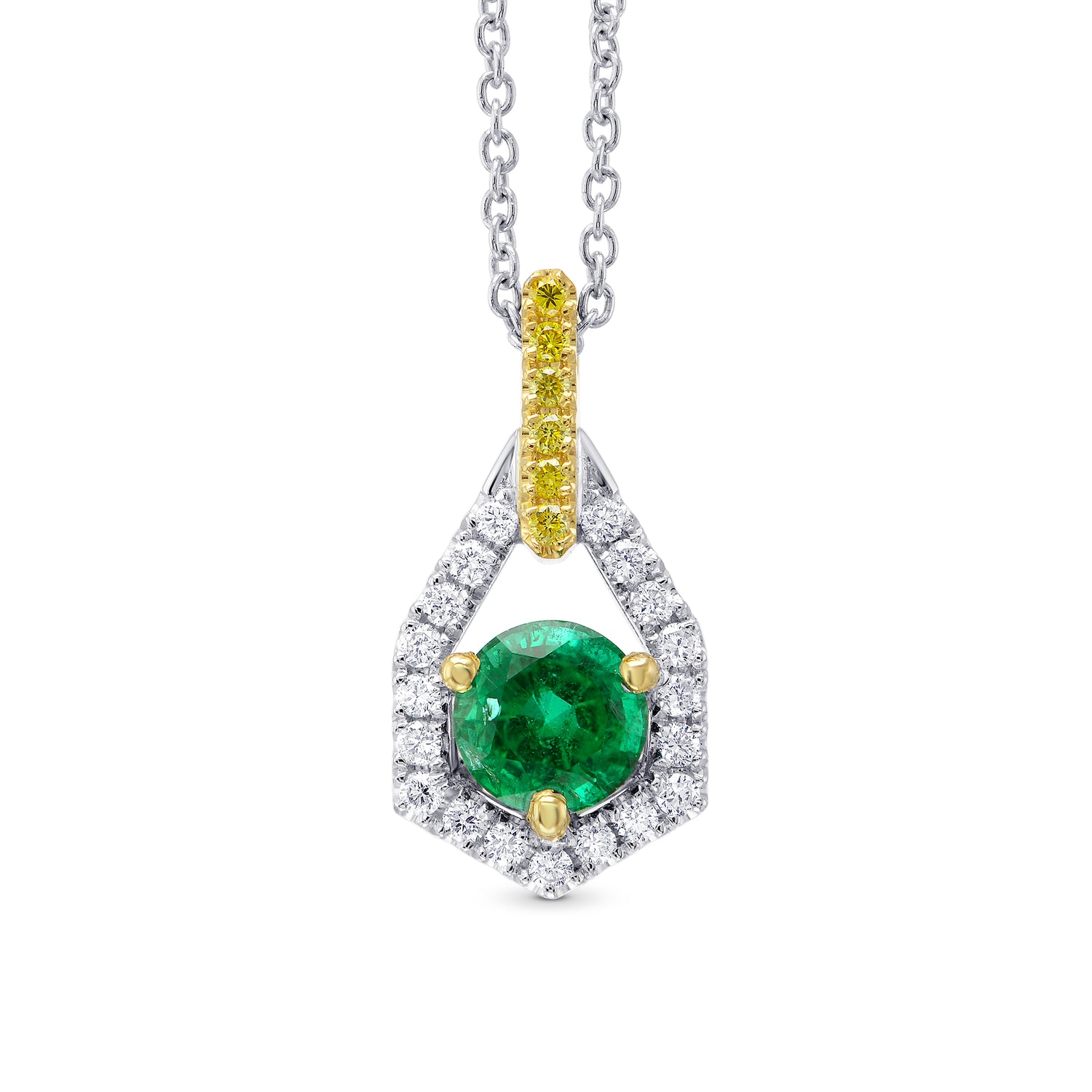 Round Green Emerald, Yellow and White Diamond Pendant