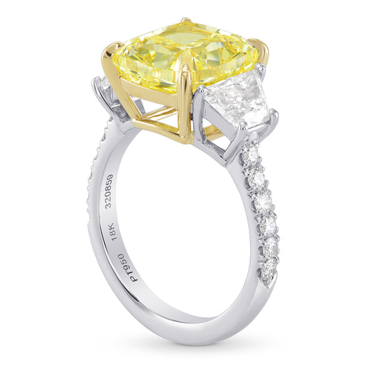 Fancy Yellow Cushion, Trapezoid and Pave Diamond Side-stone Ring 