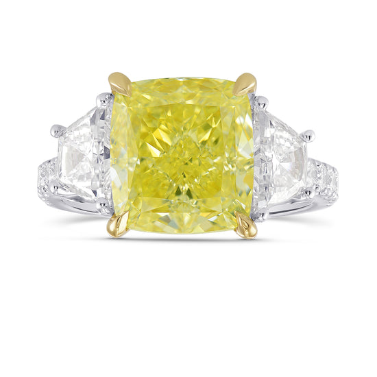 Fancy Yellow Cushion, Trapezoid and Pave Diamond Side-stone Ring 
