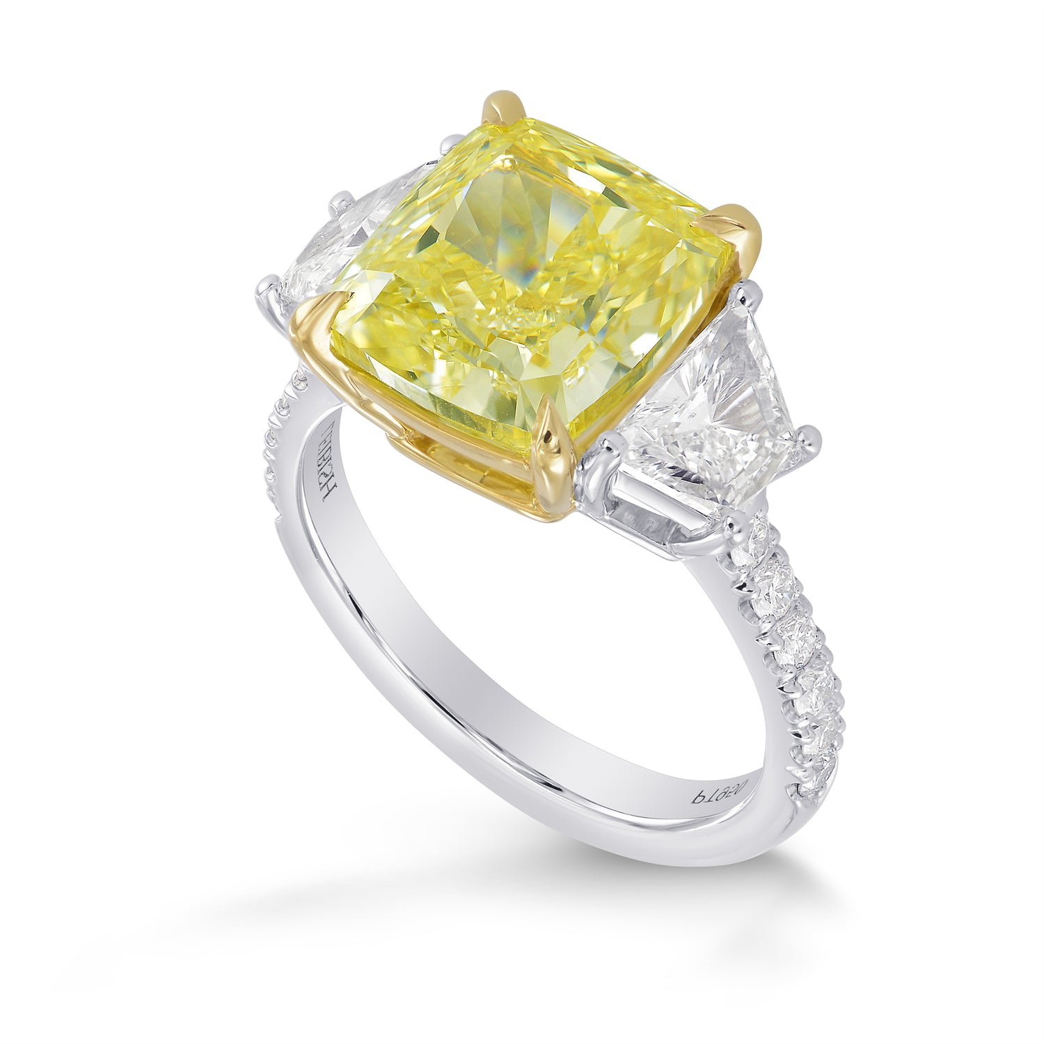 Fancy Yellow Cushion, Trapezoid and Pave Diamond Side-stone Ring 