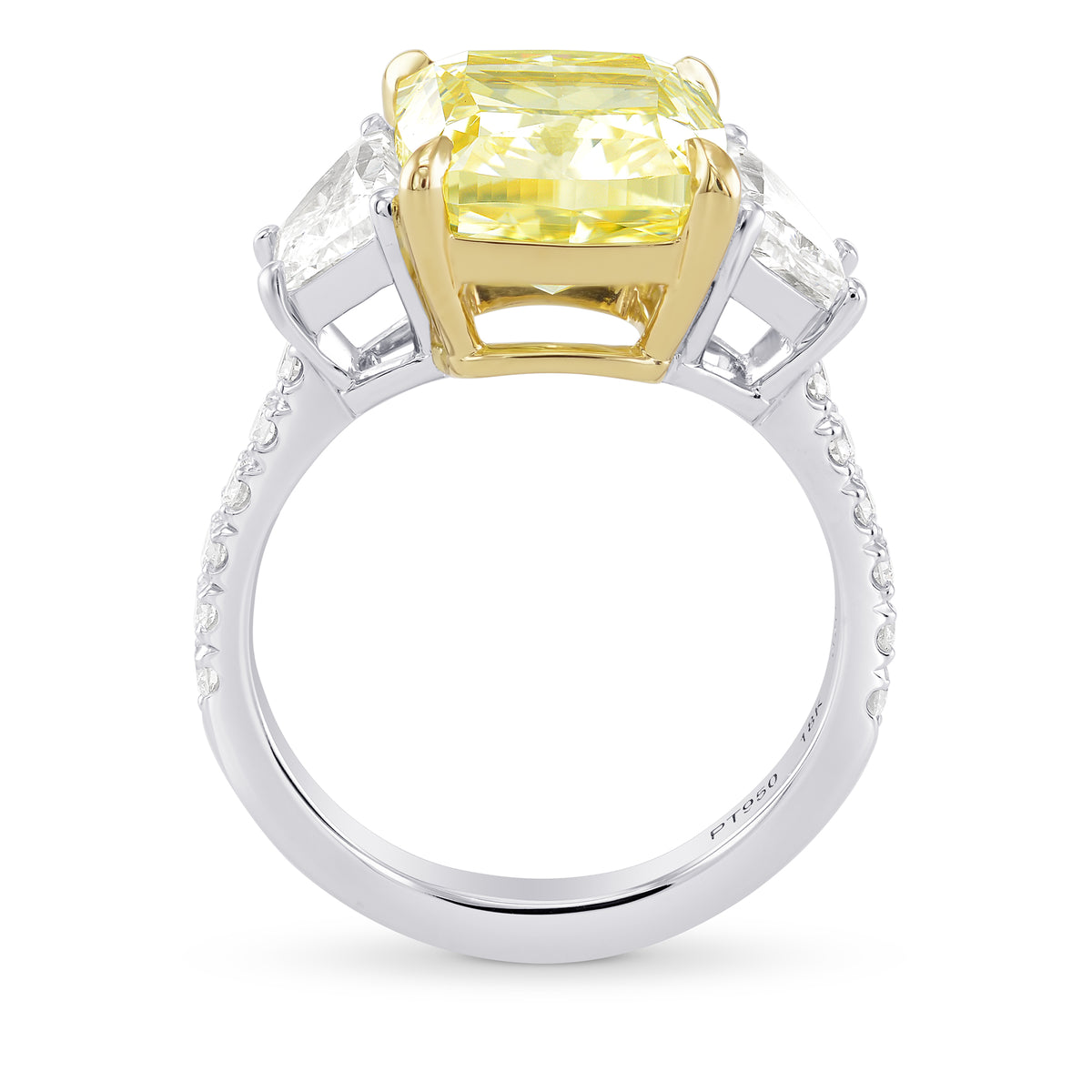 Fancy Yellow Cushion, Trapezoid and Pave Diamond Side-stone Ring 