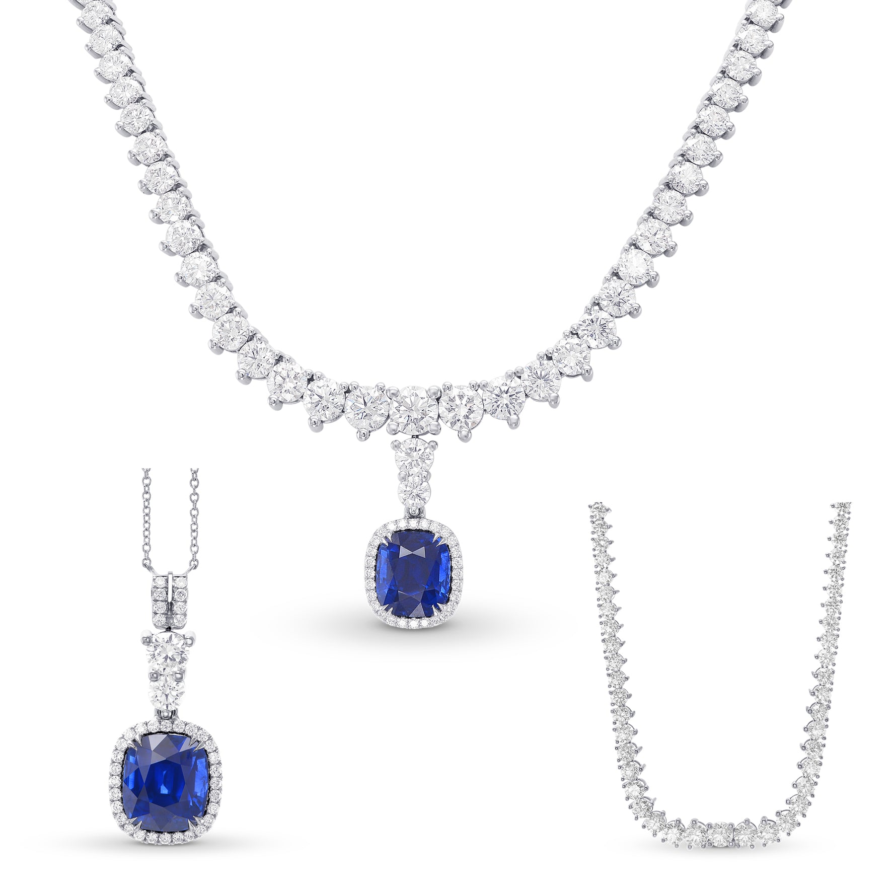Extraordinary Round Diamond Necklace & Detachable Sapphire Halo Pendant