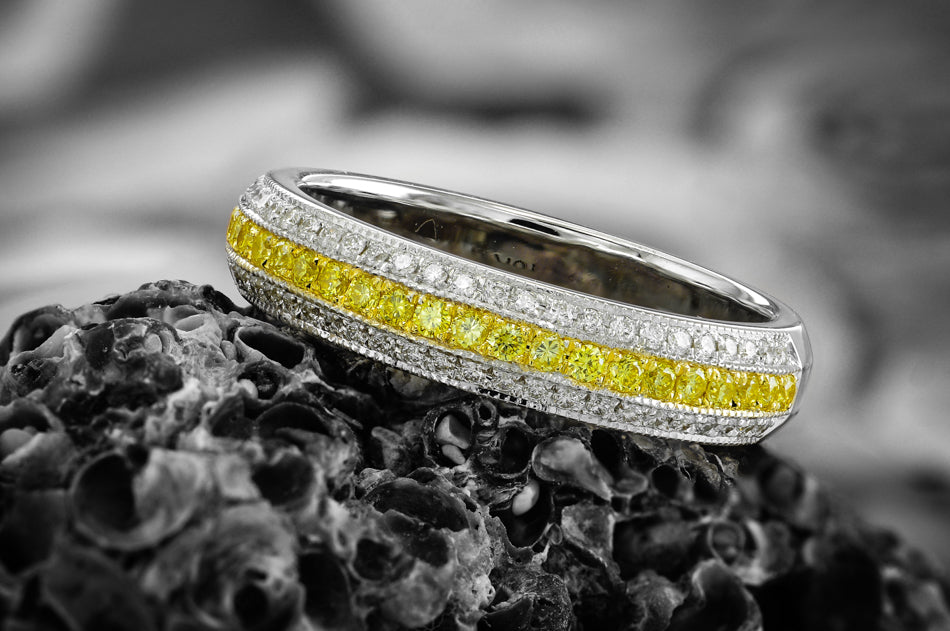 Fancy Intense Yellow and White Pave Diamond Milgrain Band Ring