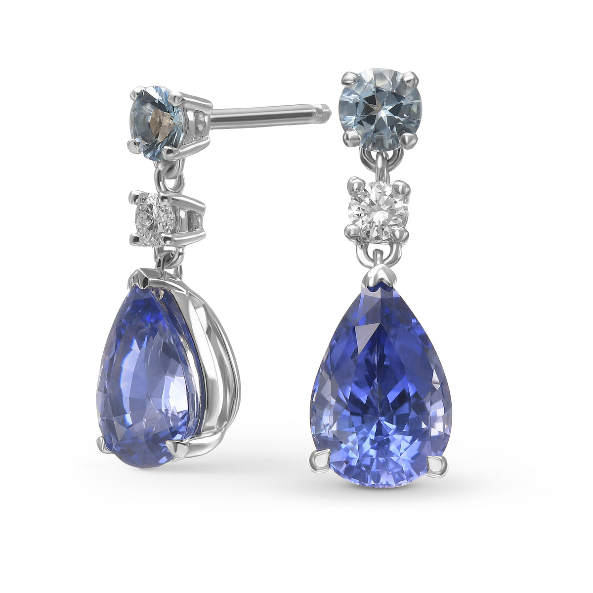 Pear Sapphire, Aquamarine & Diamond Drop Earrings 