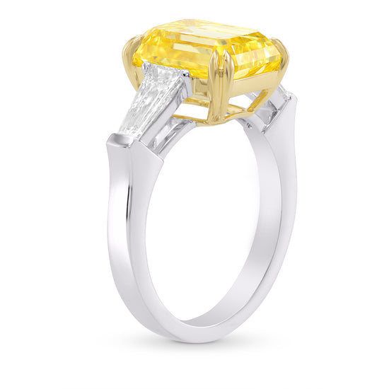 Fancy Vivid Yellow Emerald Diamond, 3 Stone Ring