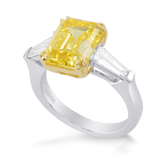 Fancy Vivid Yellow Emerald Diamond, 3 Stone Ring