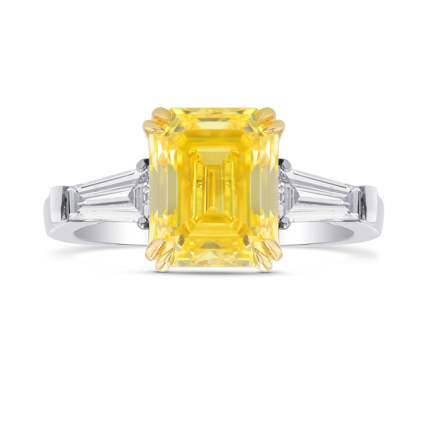 Fancy Vivid Yellow Emerald Diamond, 3 Stone Ring