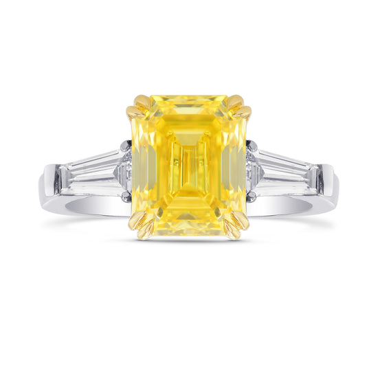 Fancy Vivid Yellow Emerald Diamond, 3 Stone Ring