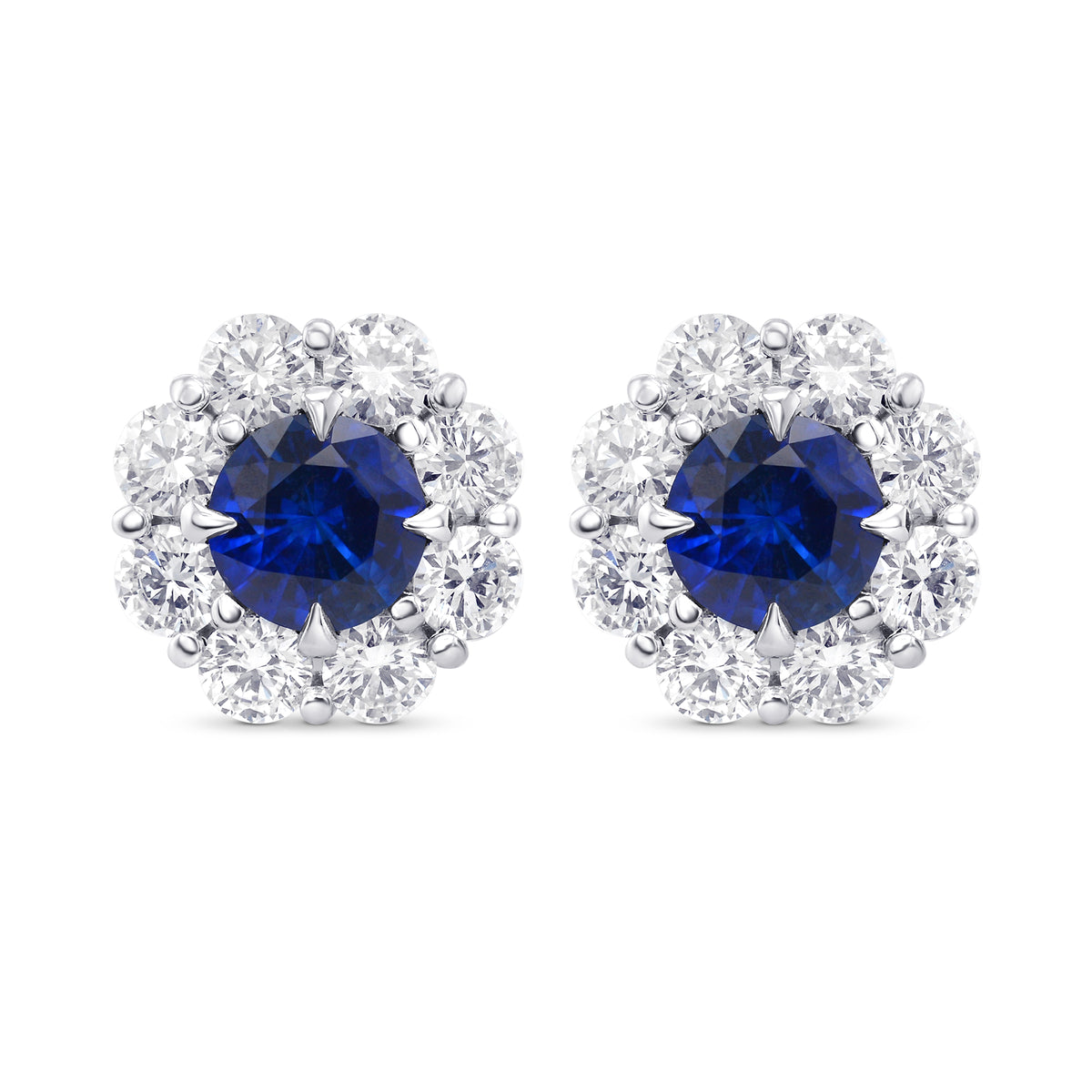 Blue Sapphire and Diamond Round Brilliant Halo Earrings
