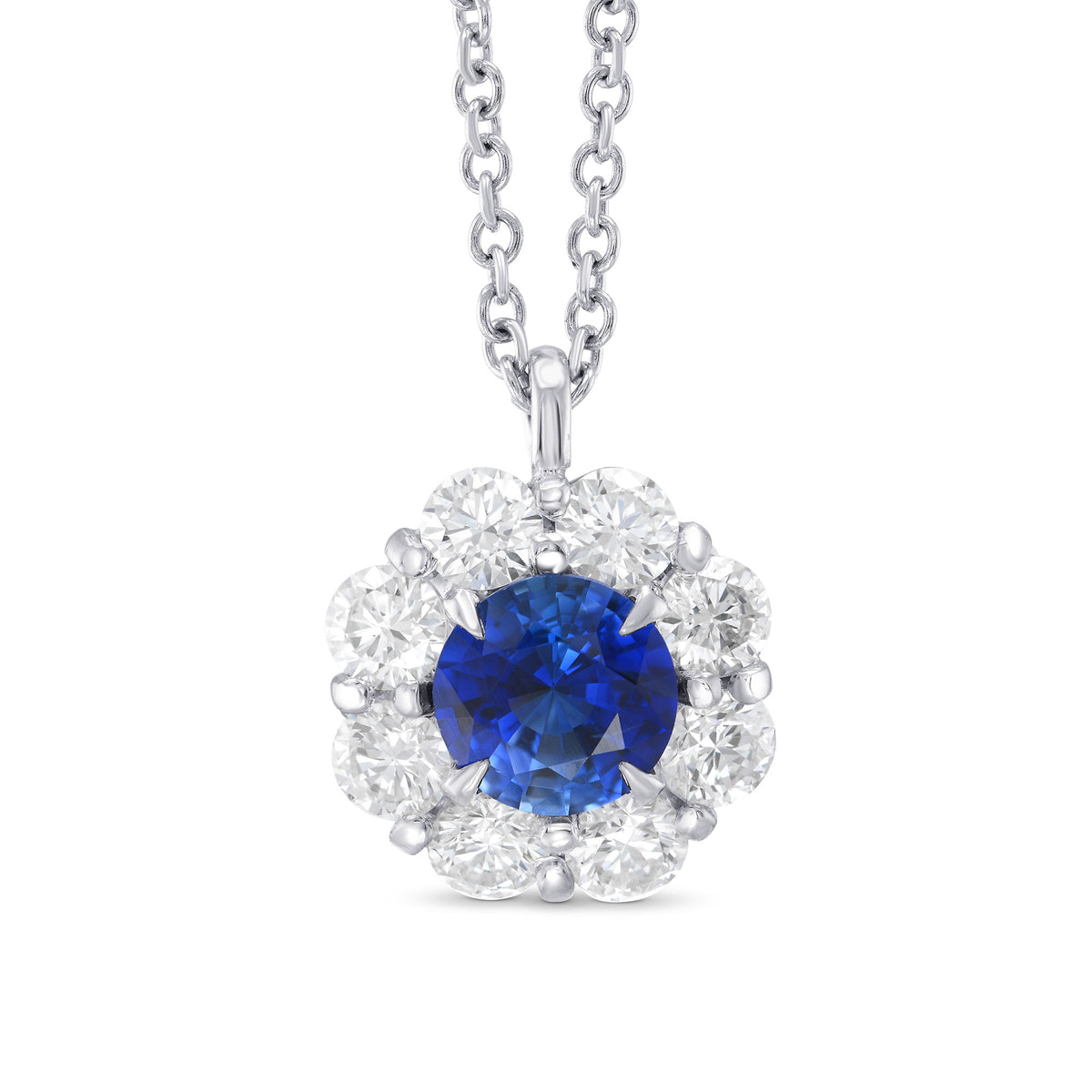 Sapphire and Diamond Round Brilliant Halo Pendant