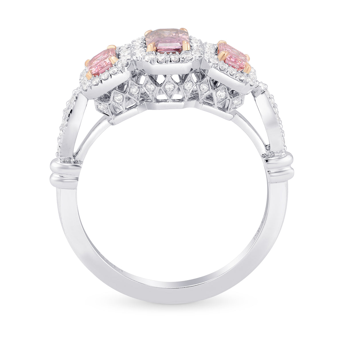 Pink Diamond Three Stone Extraordinary  Halo Ring 