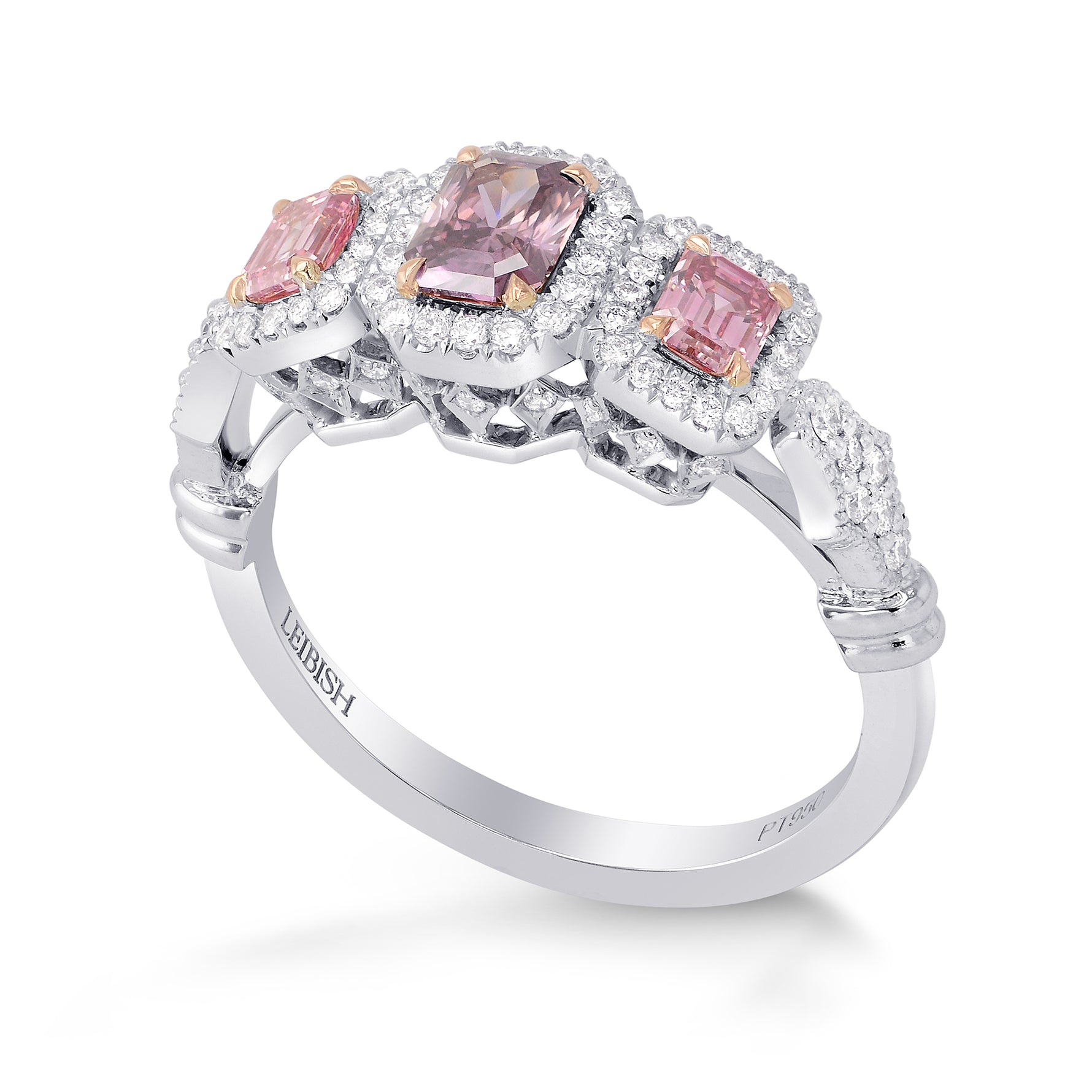 Pink Diamond Three Stone Extraordinary  Halo Ring 