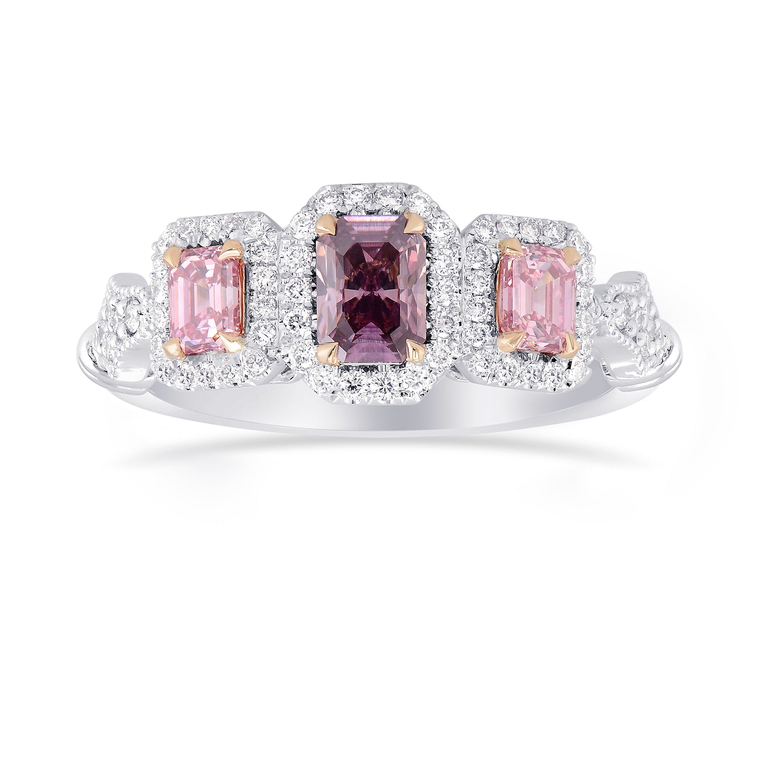 Pink Diamond Three Stone Extraordinary  Halo Ring 