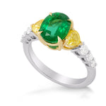 Oval Green Emerald Gemstone and Mix Diamonds Side Stone Ring