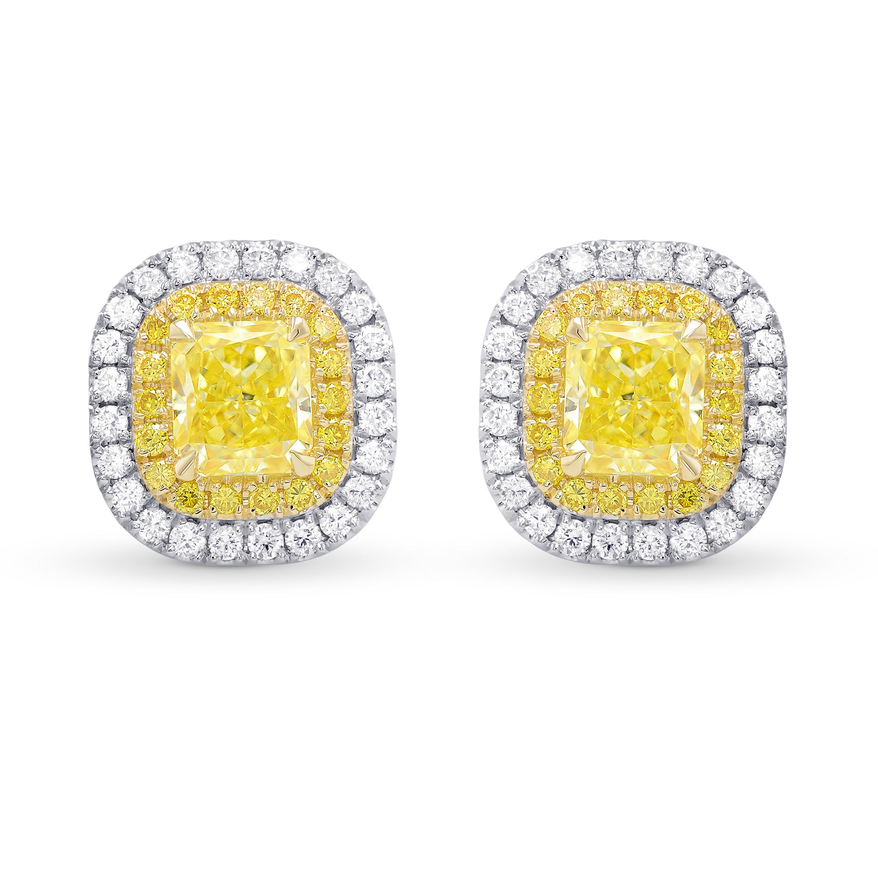 Fancy Intense Yellow Radiant Double Halo Diamond Earrings