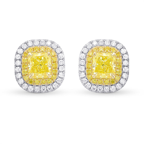 Fancy Intense Yellow Radiant Double Halo Diamond Earrings
