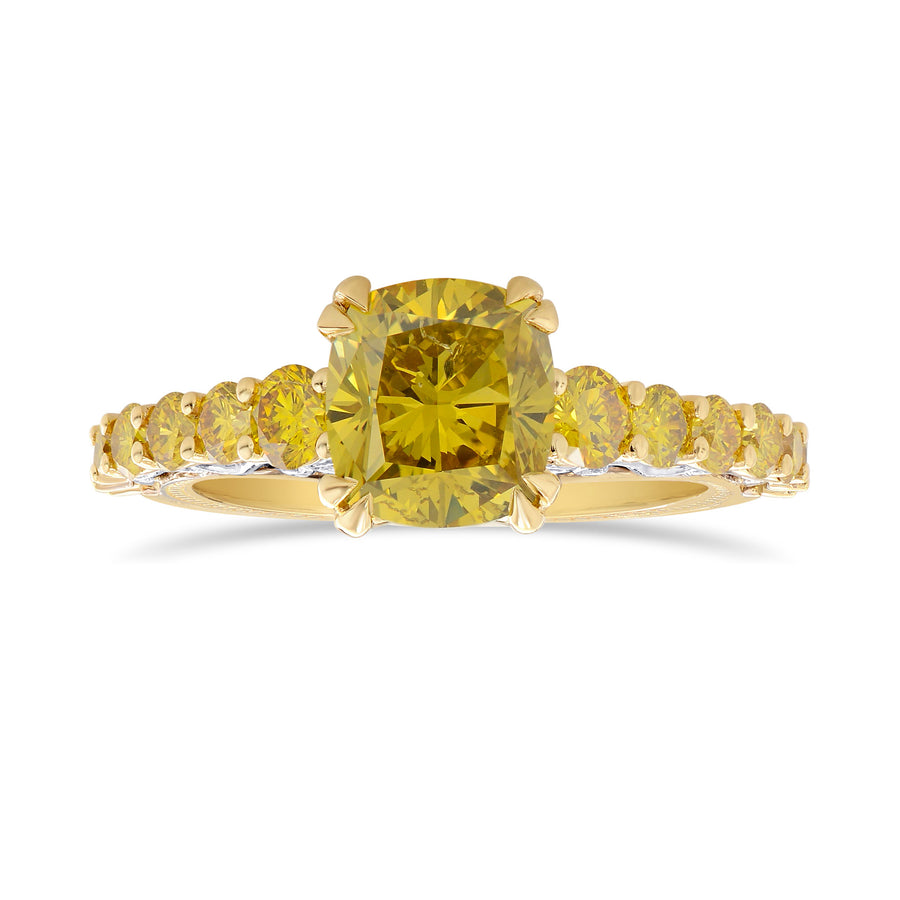 Fancy Deep Brownish Yellow Cushion Side-stone Ring