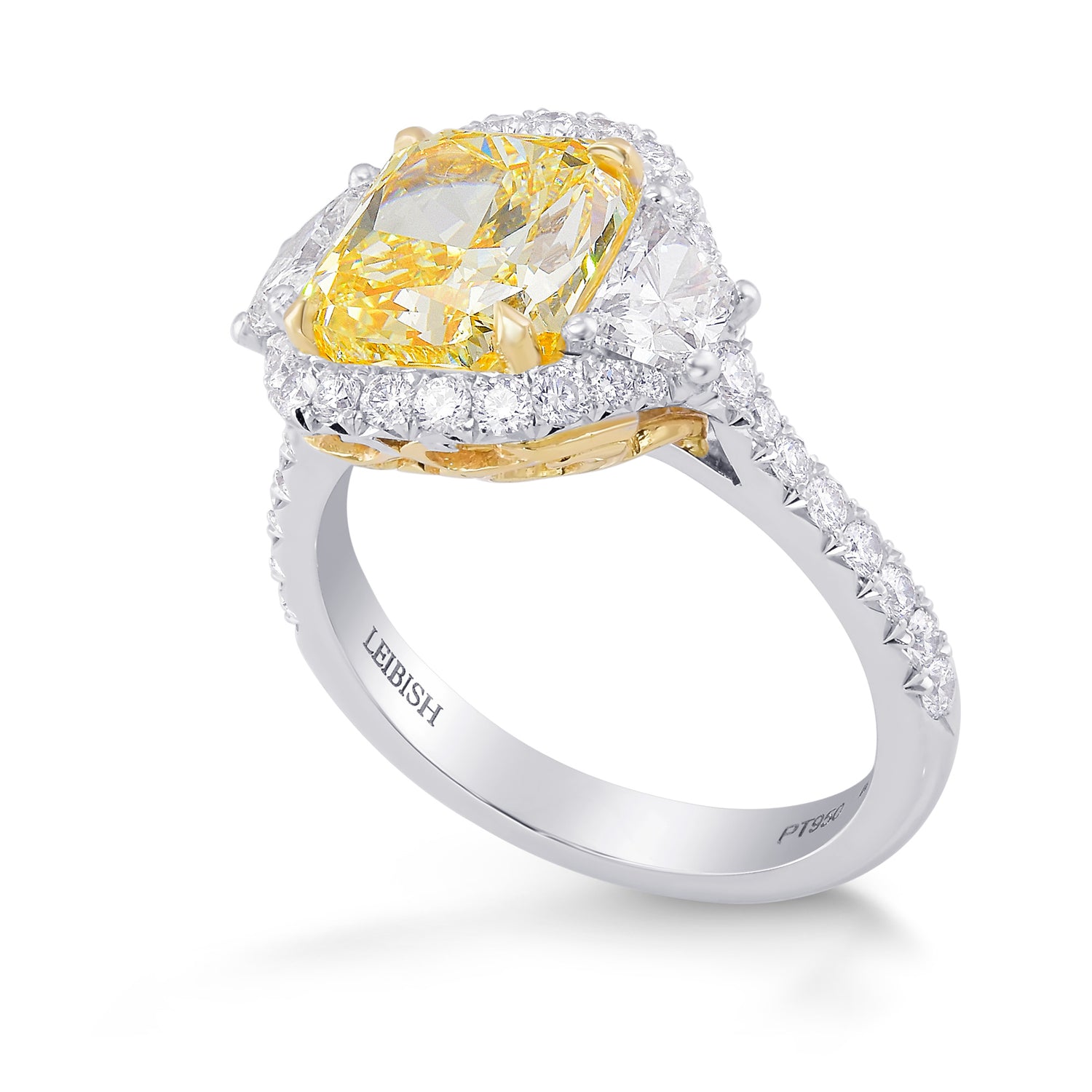 Fancy Yellow Cushion 3 Stones Halo Diamond Ring