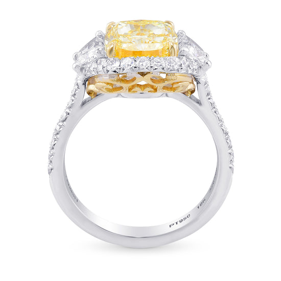 Fancy Yellow Cushion 3 Stones Halo Diamond Ring