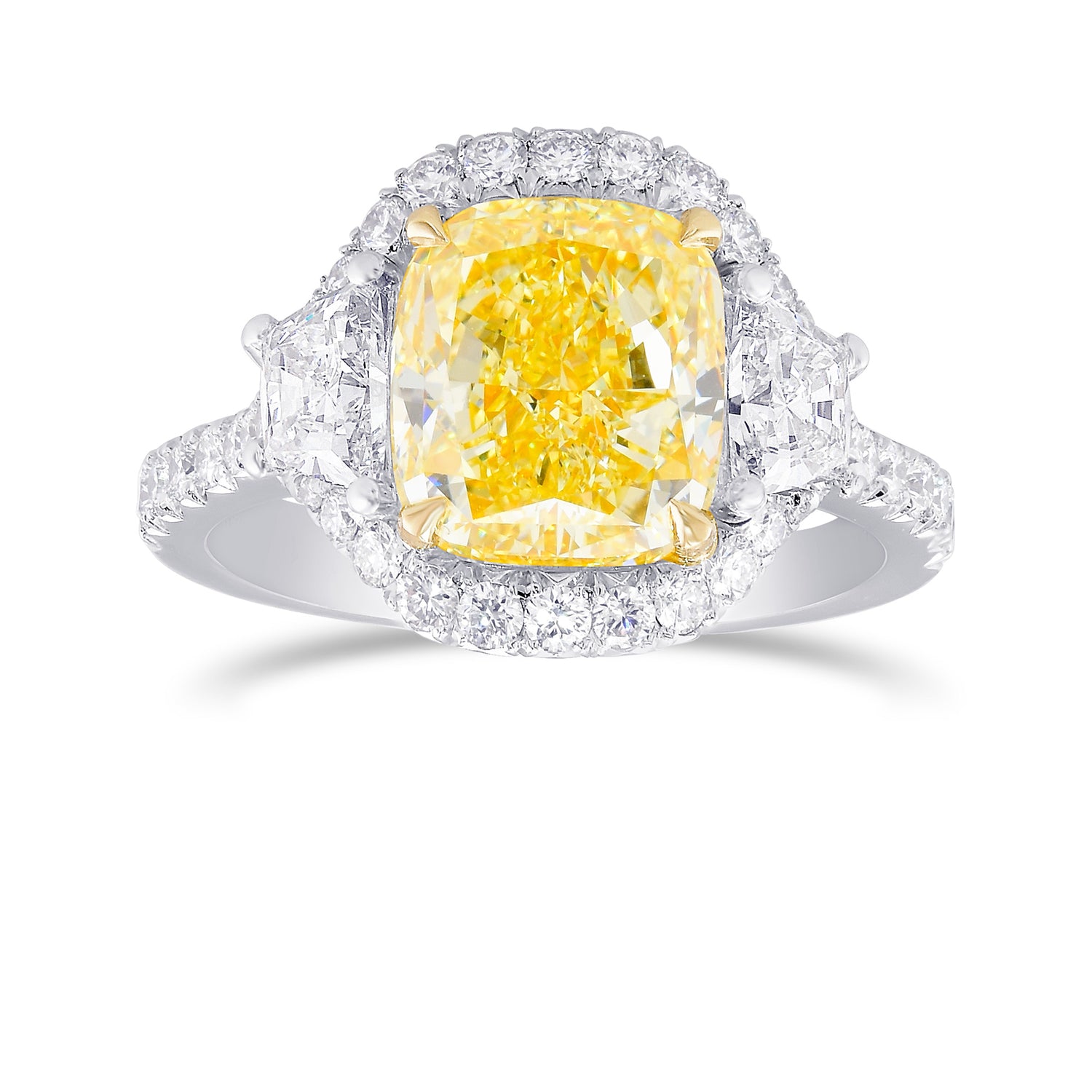 Fancy Yellow Cushion 3 Stones Halo Diamond Ring